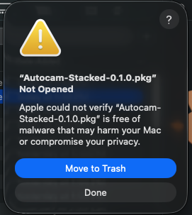 macOS: “Sorot.pkg” Not Opened, with Move to Trash and Done